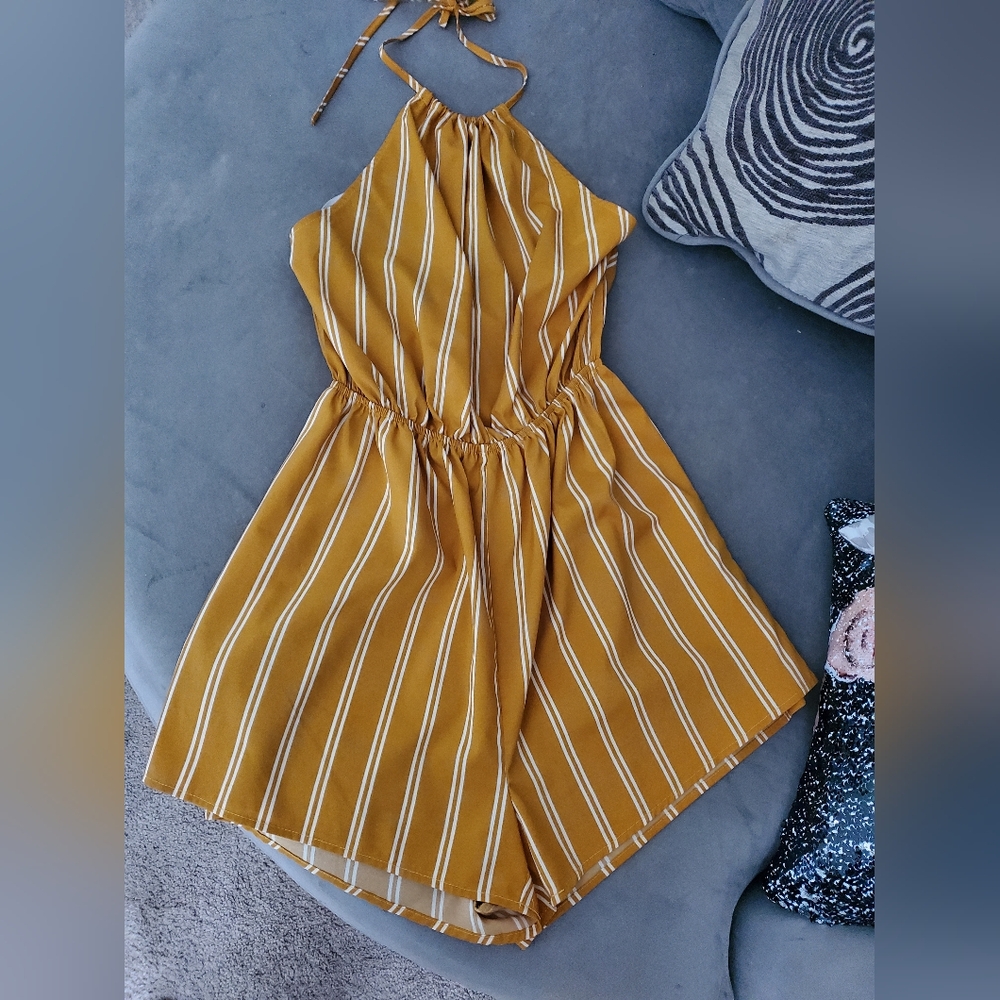 Gold romper with white pinstripes